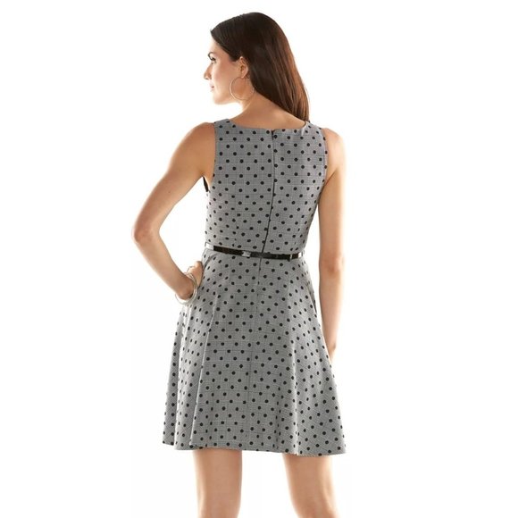 Elle Womens Fit & Flare Dress Polka Dots Boat Neck Back Zip Gray Black Size 4 - Picture 2 of 9